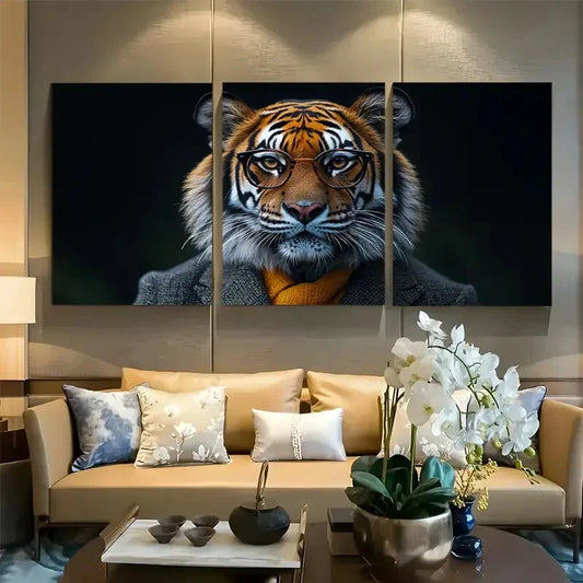 3pcs Quirky Tiger in Suit with Glasses Design Metal Print Ready to Hang Art