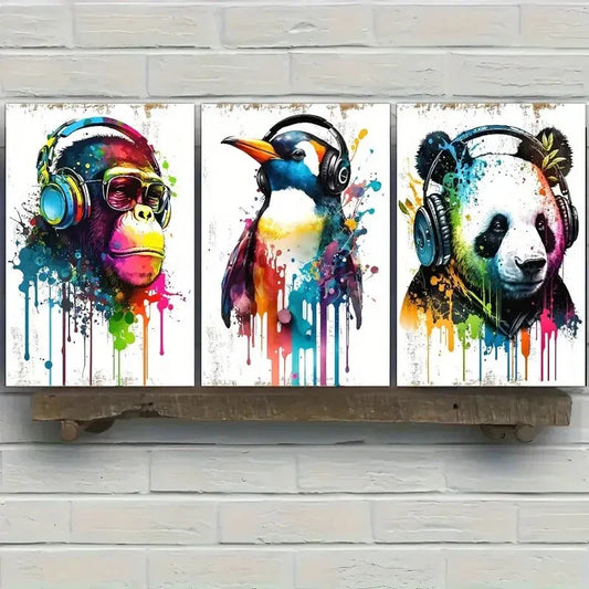3pcs Funny Animal Posters Music And Game Metal Print Ready to Hang Art