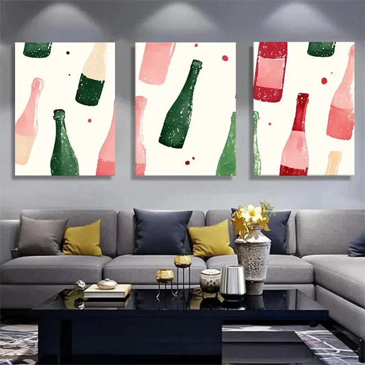3pcs Modern Bottle Retro Wine & Champagne Theme Metal Print Ready to Hang Art