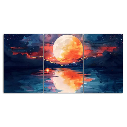 Red Full Moon Rising 3 Piece Painting Style Art Canvas Framed 40x60cm - High Quality Print 100% Australian Made Wall Canvas Ready to Hang