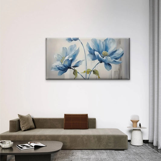 Modern Blue Floral Abstract Wall Art Canvas Office Home Room Framed 80x45cm