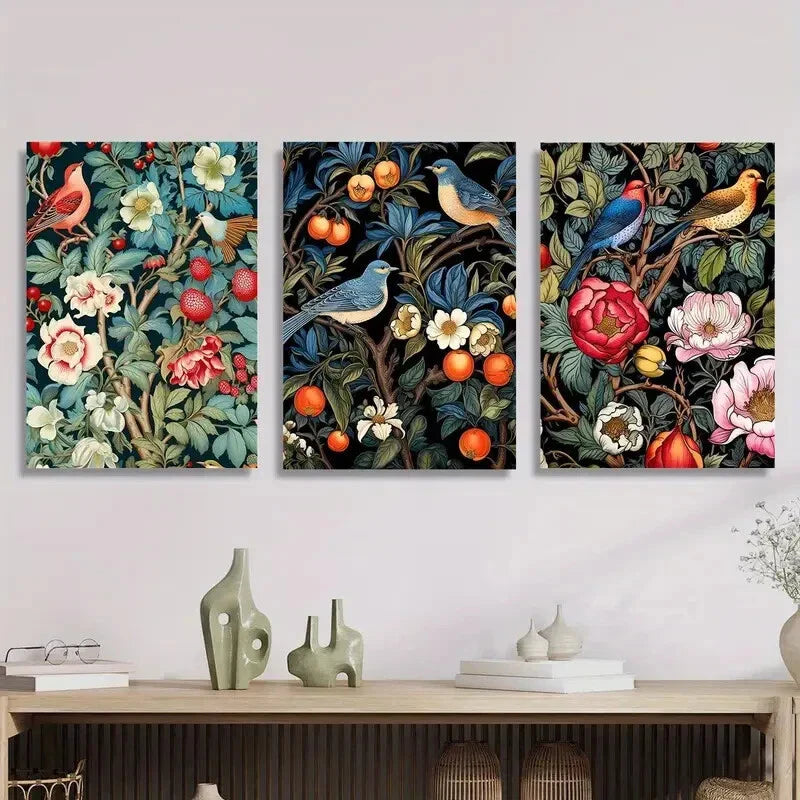 3pcs Plants flowers, birds, watercolor painting, Metal Print Ready to Hang Art