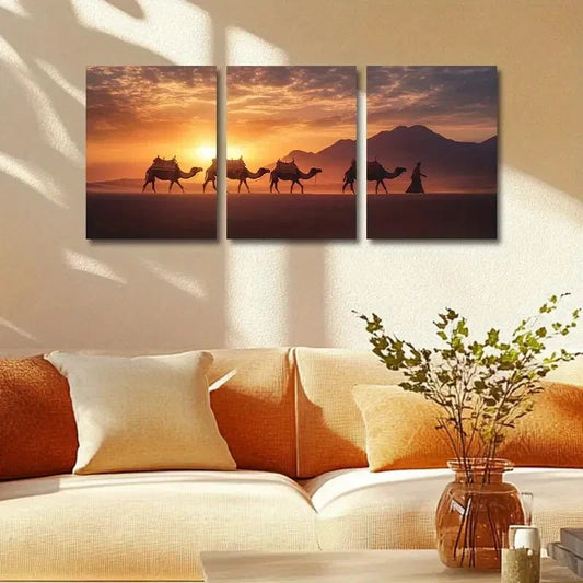 3pcs Camel Train in Desert Metal Print Ready to Hang Art
