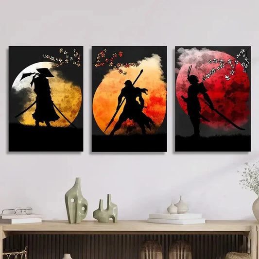 3pcs Moon Warrior Silhouette, Epic Samurai Metal Print Ready to Hang Art