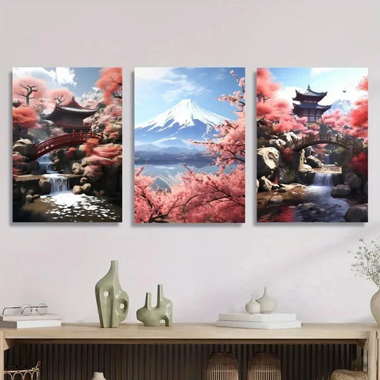 3pcs Japanese style, cherry blossom trees, retro Metal Print Ready to Hang Art