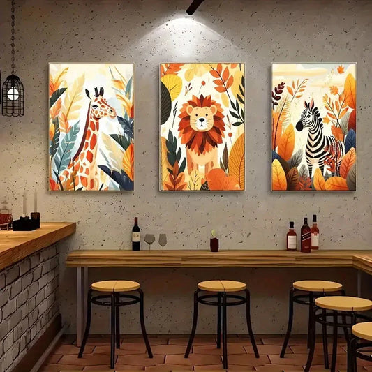 3pcs Safari Autumn Adventure Lion Giraffe Zebra Metal Print Ready to Hang Art