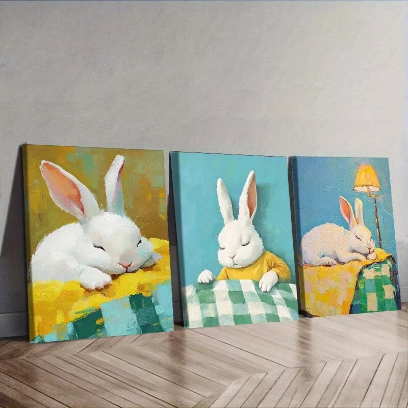 3pcs Featuring Rabbits In A Table Wall Art Set Canvas Framed 40x60cm - High Quality Print 100% Australian Made Wall Canvas Ready to Hang