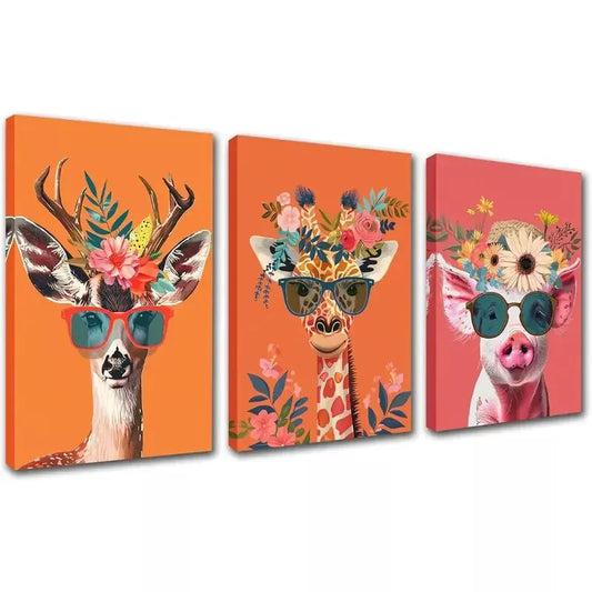 3pcs Colorful Flowers Animals Art Canvas Framed 40x60cm - High Quality Print 100% Australian Made Wall Canvas Ready to Hang