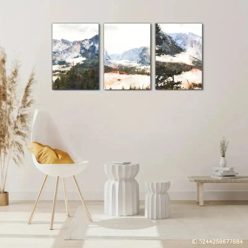 3pcs Serene Mountain Landscape with Pine Trees Metal Print Ready to Hang Art