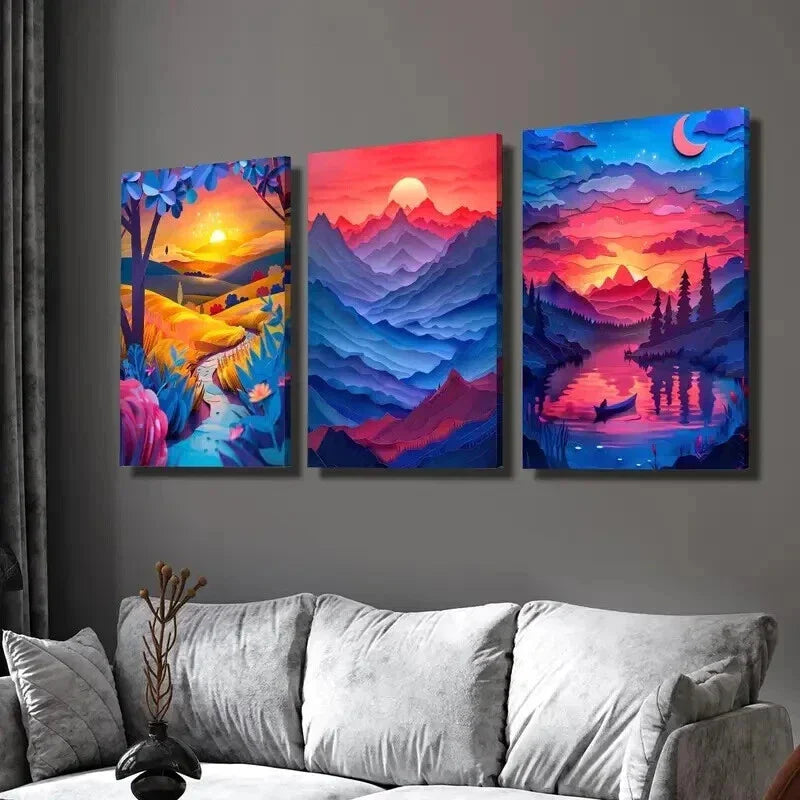 3pcs Rich Valley & Mountain Landscape at Sunset Wall Art Set Canvas Framed 40x60cm - High Quality Print 100% Australian Made Wall Canvas Ready to Hang