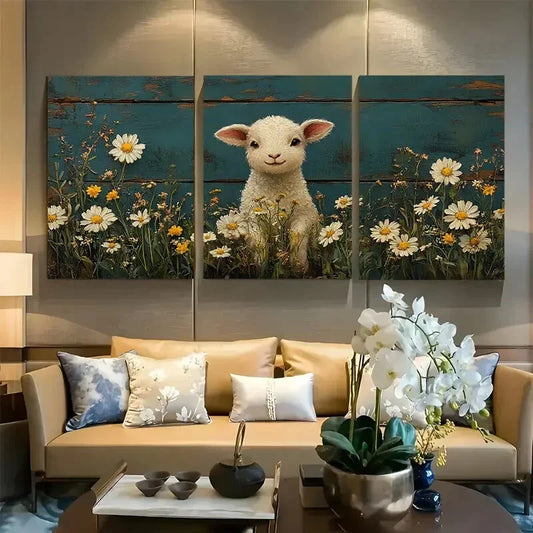 3pcs Lamb in Daisy Meadow Cottagecore Charm Metal Print Ready to Hang Art