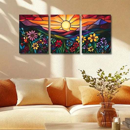 3pcs Vibrant Stained Glass Style Landscape Metal Print Ready to Hang Art