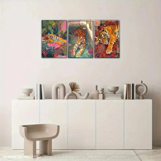 3pcs Majestic Tiger in Bathtub Exotic Vibrant Metal Print Ready to Hang Art