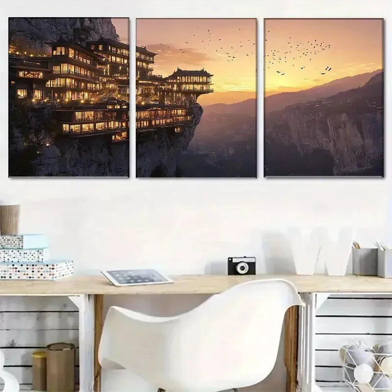 3pcss Cliffside Pagoda - Style Building Wall Art Set Canvas Framed 40x60cm - High Quality Print 100% Australian Made Wall Canvas Ready to Hang
