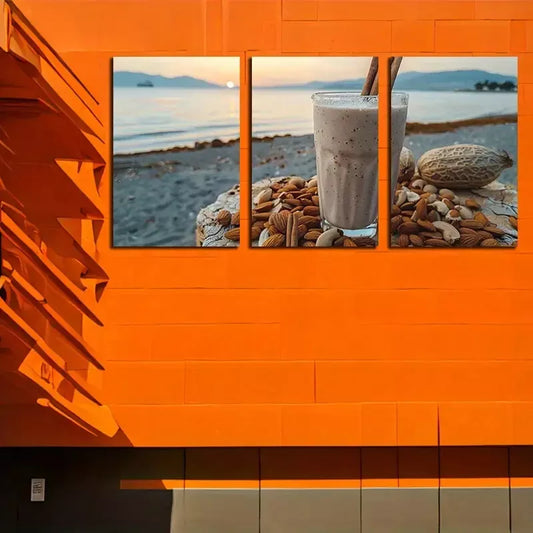 3pcs Beach Sunset, Vanilla Beans & Nuts Canvas Framed 40x60cm - High Quality Print 100% Australian Made Wall Canvas Ready to Hang