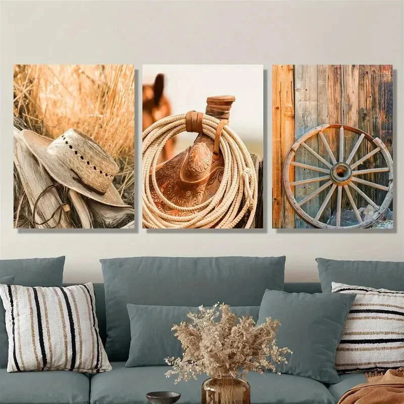 3pcs cowboy hats and horse ropes, Metal Print Ready to Hang Art