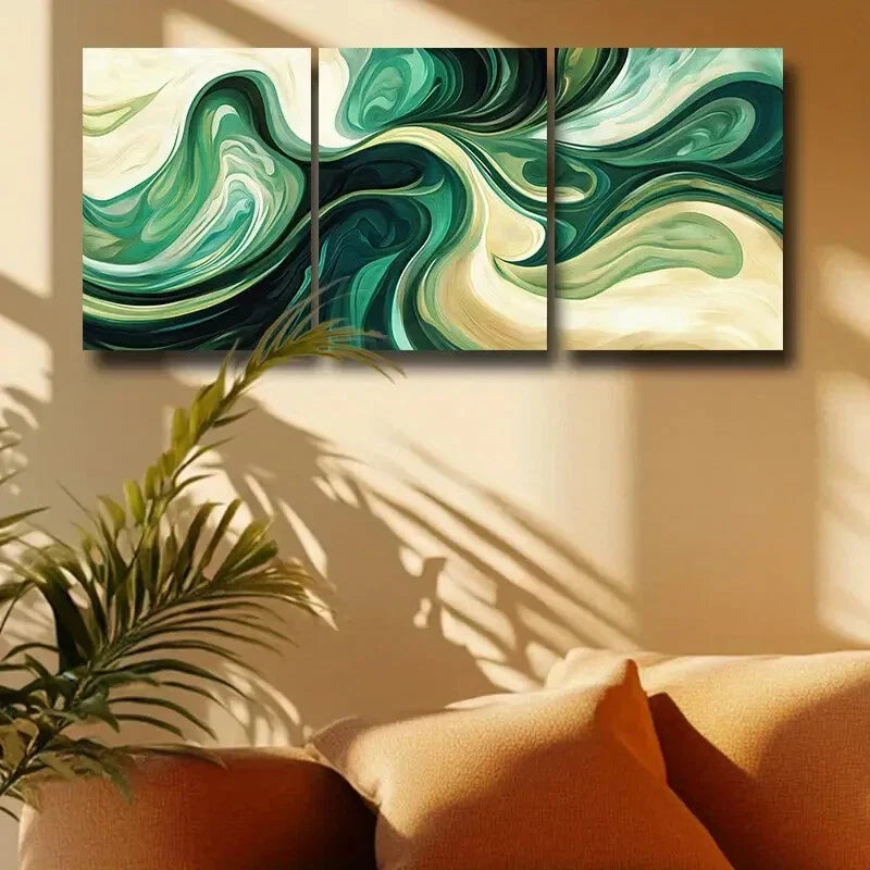 3pcs Modern Green Pigment Vortex Design Metal Print Ready to Hang Art