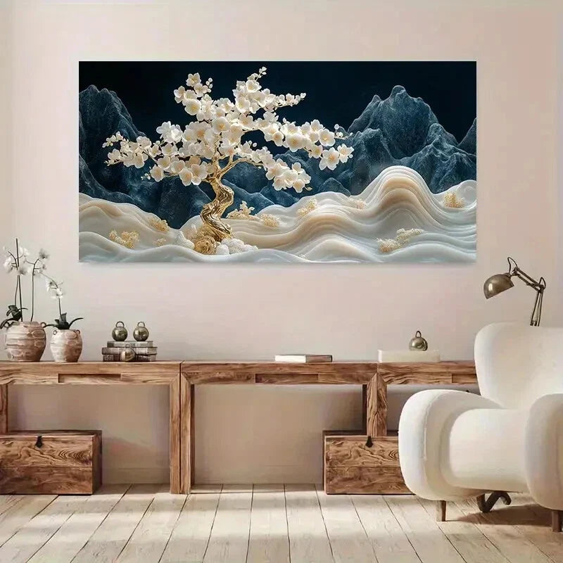 White Blossoms Mountains wall canvas office home room framed 120x60cm