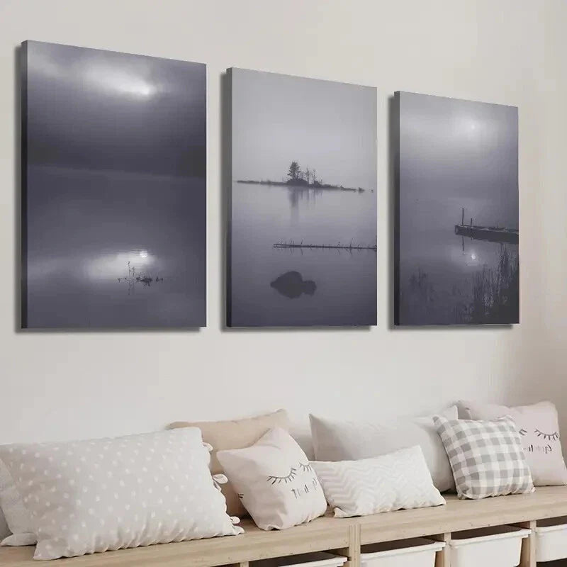 3pcs Modern Foggy Lake Misty Landscape Decor Wall Art Set Canvas Framed 40x60cm - High Quality Print 100% Australian Made Wall Canvas Ready to Hang