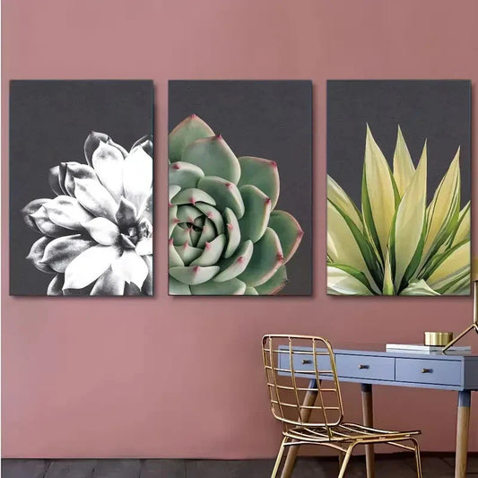 3pcs Black & White and Green Succulent & Leaves Metal Print Ready to Hang Art