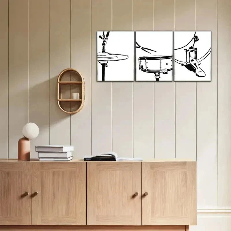 3pcs Black and White Drum Music Room Medieval Metal Print Ready to Hang Art