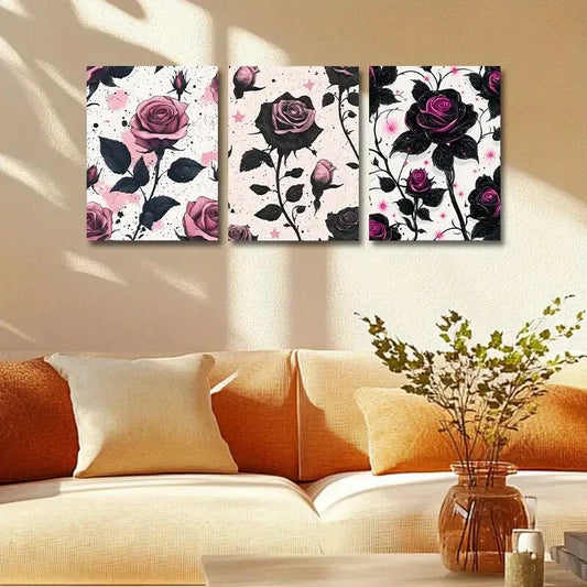 3pcs Modern Black and Pink Roses Design Metal Print Ready to Hang Art