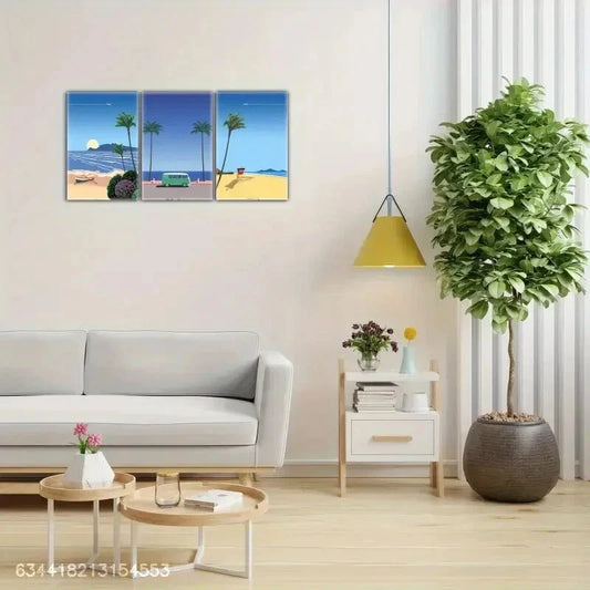 3pcs Small Boat Tourist Bus Beach Blue Sea Metal Print Ready to Hang Art