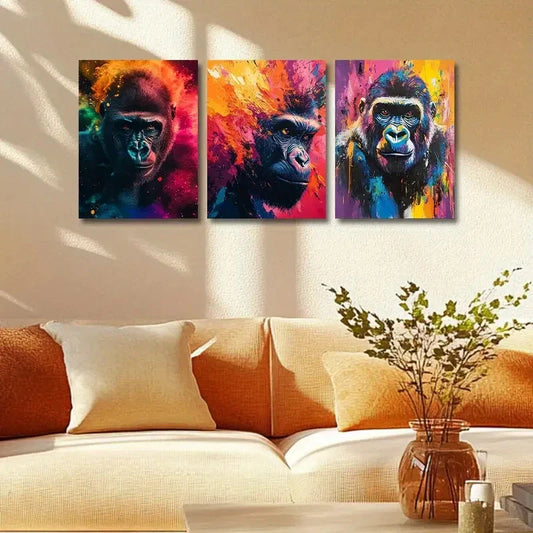 3pcs Colorful Abstract Gorilla Paintings Metal Print Ready to Hang Art