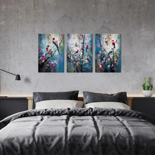 3pcs Vibrant Bird & Floral Colorful Abstract Metal Print Ready to Hang Art