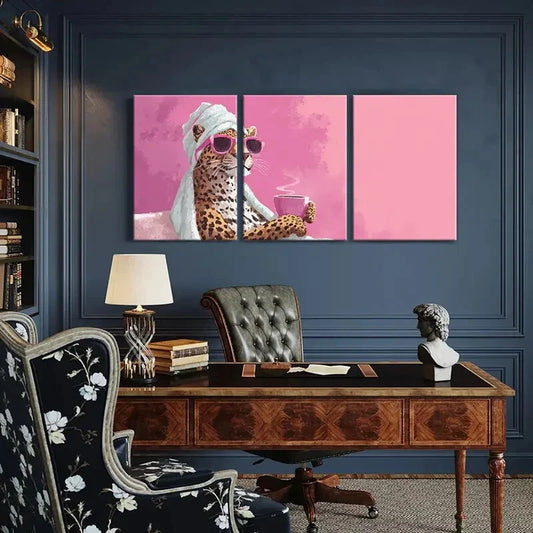 3pcs Leopard with Fashion Glasses Drinking Coffee Metal Print Ready to Hang Art