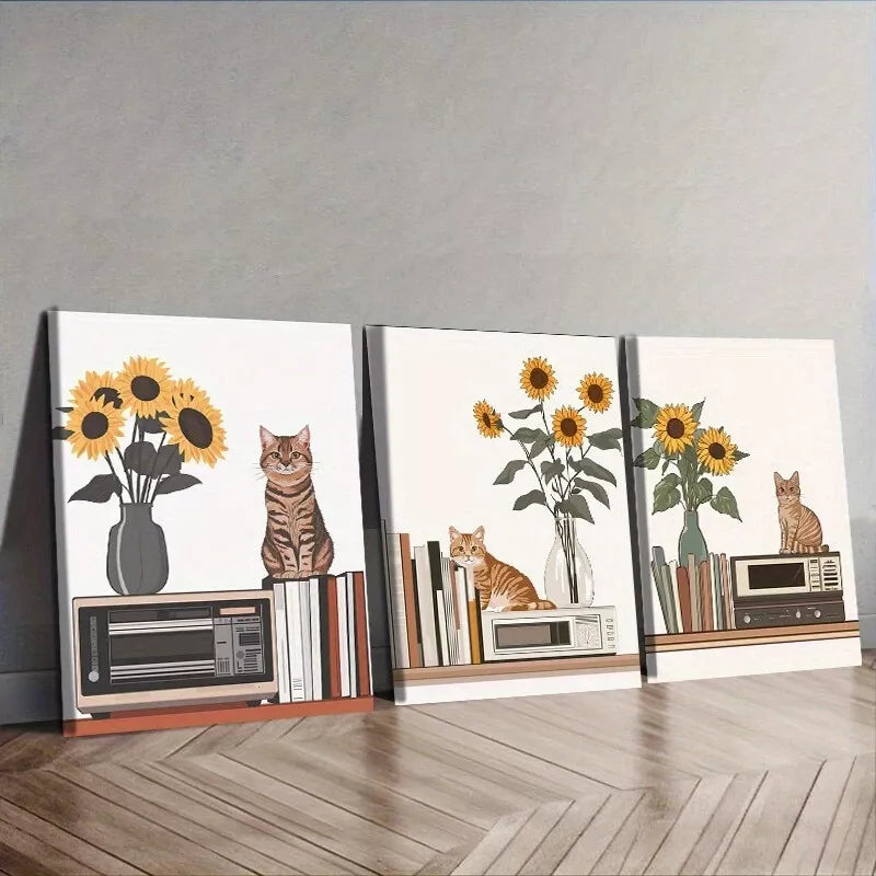 3pcs Cat Is Sitting On The Table Wall Art Set Canvas Framed 40x60cm - High Quality Print 100% Australian Made Wall Canvas Ready to Hang