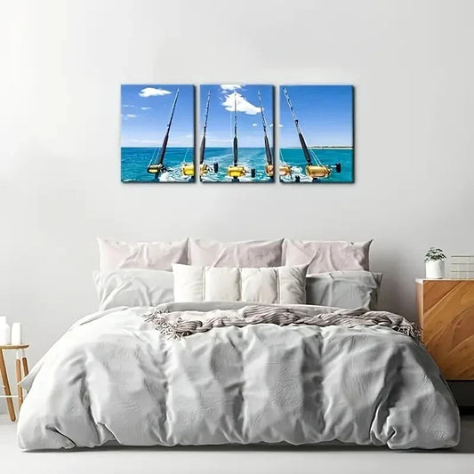 3pcs Modern Coastal Fishing Rods & Reels Seascape Metal Print Ready to Hang Art