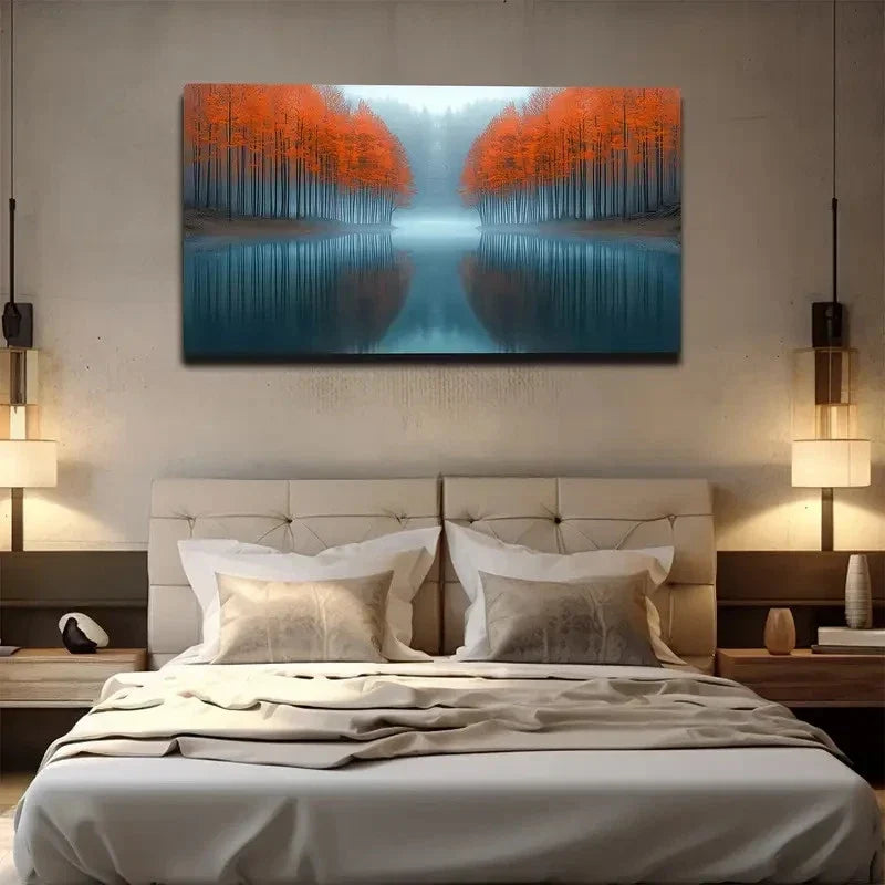 Calm Lake Reflecting Maple Wall Art canvas office home room framed 120x60cm