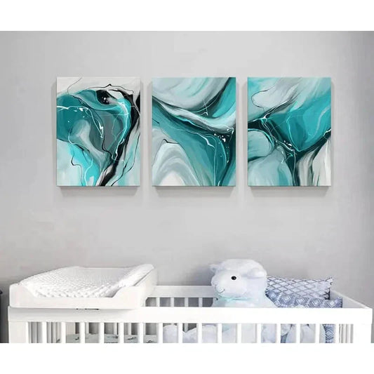 3pcs Painting Abstract Teal Metal Print Ready to Hang Art