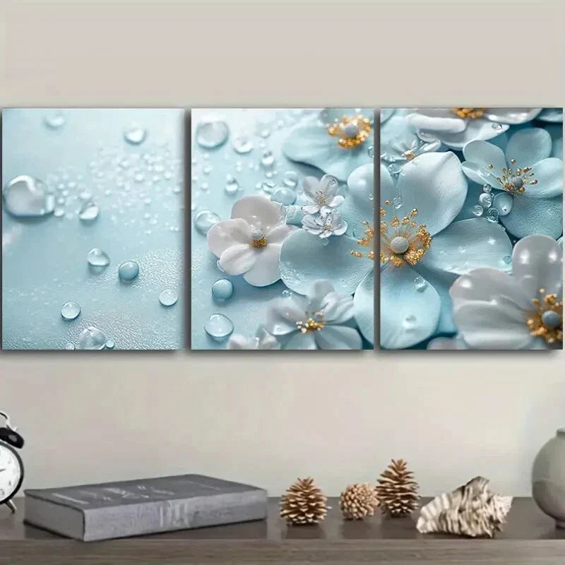 3pcs Featuring Turquoise Glass Flowers Wall Art Set Canvas Framed 40x60cm - High Quality Print 100% Australian Made Wall Canvas Ready to Hang