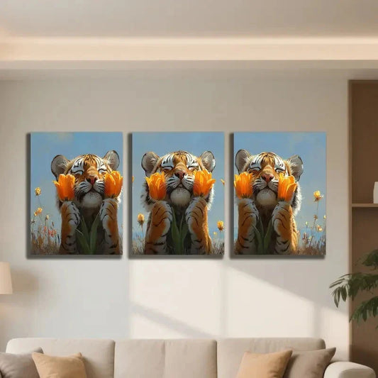 3pcs Playful Tiger Cubs with Vibrant Orange Tulips Metal Print Ready to Hang Art