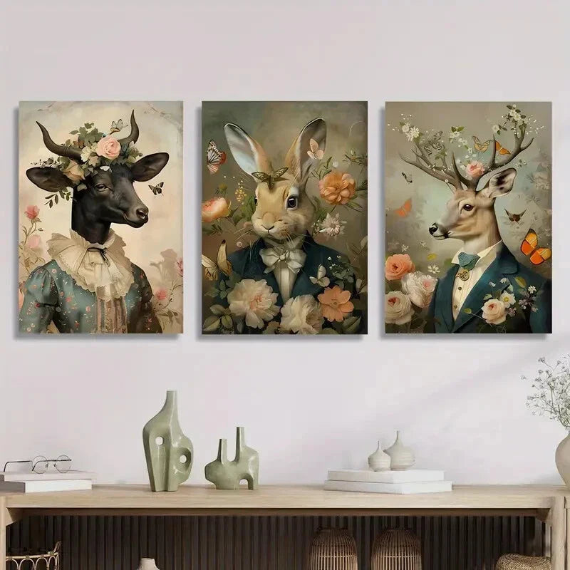 3pcs 2D Victorian Animal Portraits, Animal Wall Art Set Canvas Framed 40x60cm - High Quality Print 100% Australian Made Wall Canvas Ready to Hang