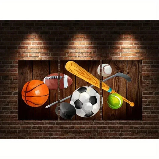 3pcs Basketball Football Baseball Soccer Hockey Metal Print Ready to Hang Art