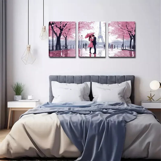 3pcs Pink Trees, Paris Tower, Lovers, Wall Art Set Canvas Framed 40x60cm - High Quality Print 100% Australian Made Wall Canvas Ready to Hang