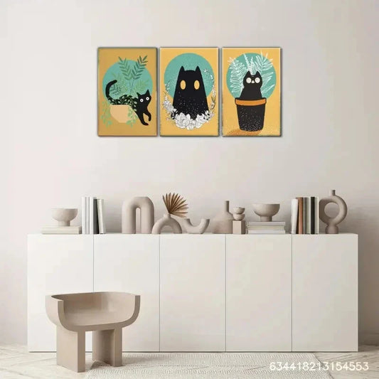 3pcs Black Cat and Plant Art Canvas Posters Metal Print Ready to Hang Art
