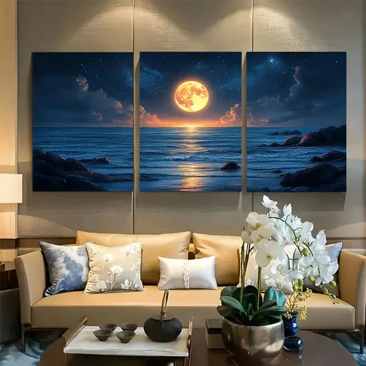 3pcs Celestial Wonder Full Moon & Starry Night Sky Metal Print Ready to Hang Art