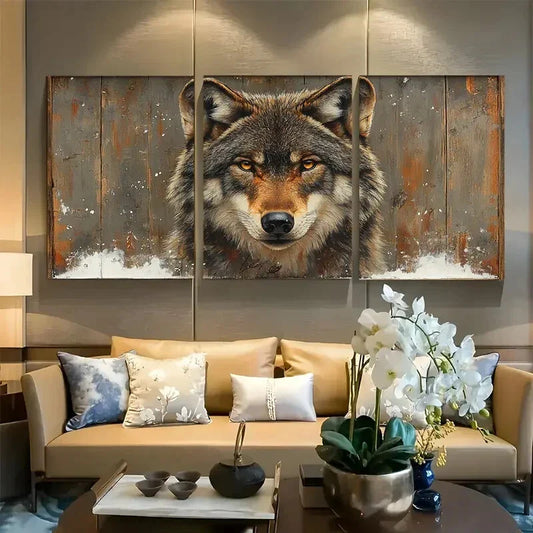 3pcs Rustic Wolf Forest Animal Design Metal Print Ready to Hang Art
