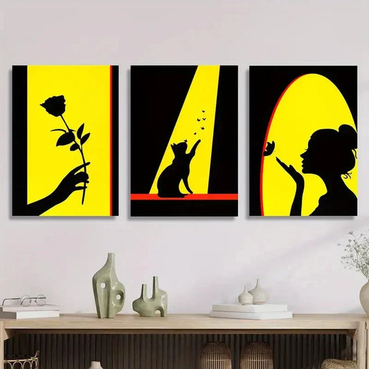 3pcs Ink Painting of Rose, Woman & Cat, Metal Print Ready to Hang Art