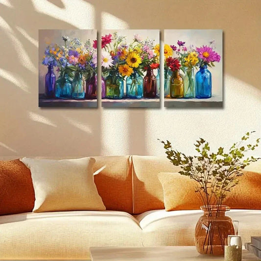 3pcs Wildflowers in Colorful Glass Design Metal Print Ready to Hang Art