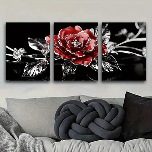 3pcs Jewel rose Floral Gem Metal Print Ready to Hang Art