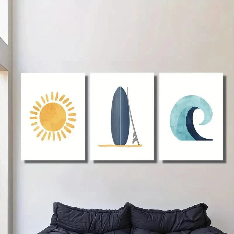 3pcs orange sun sunshine doodle, blue surfboard Wall Art Set Canvas Framed 40x60cm - High Quality Print 100% Australian Made Wall Canvas Ready to Hang