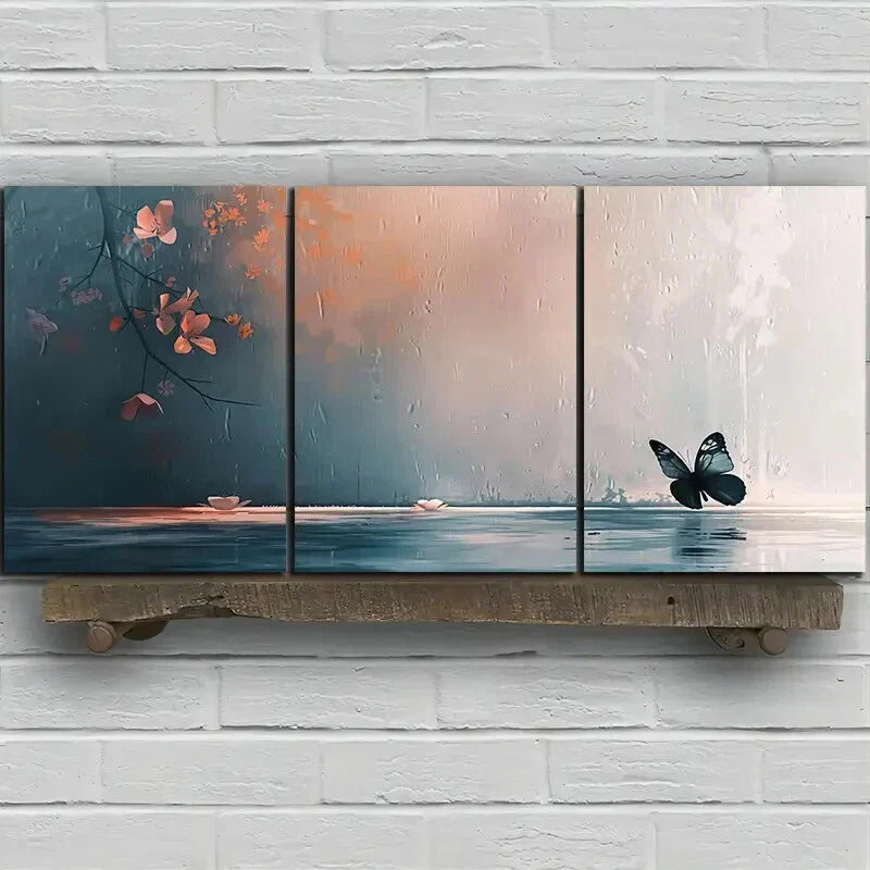 3pcs Black Butterfly Modern Red Floral Metal Print Ready to Hang Art
