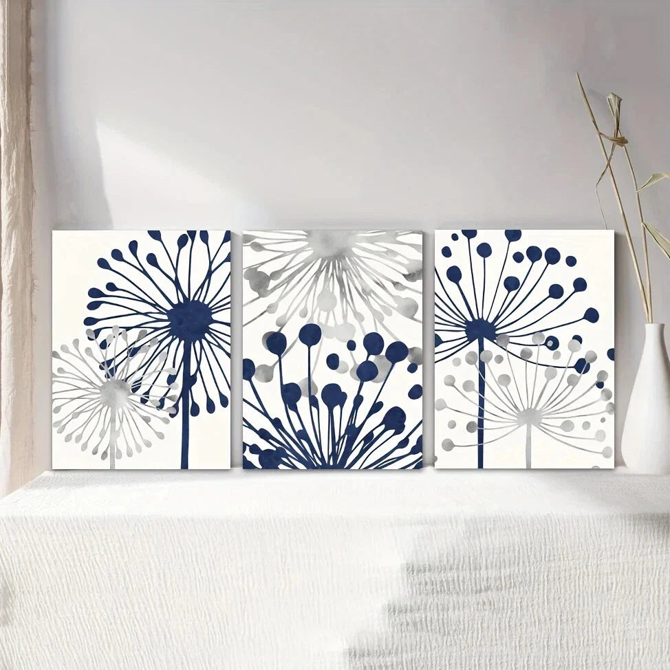 3pcs Navy Blue Gray Abstract Flowers Metal Print Ready to Hang Art