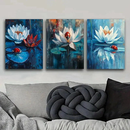 3pcs Ladybugs on Water Lilies Dark Blue Perfect Wall Art Set Canvas Framed 40x60cm - High Quality Print 100% Australian Made Wall Canvas Ready to Hang