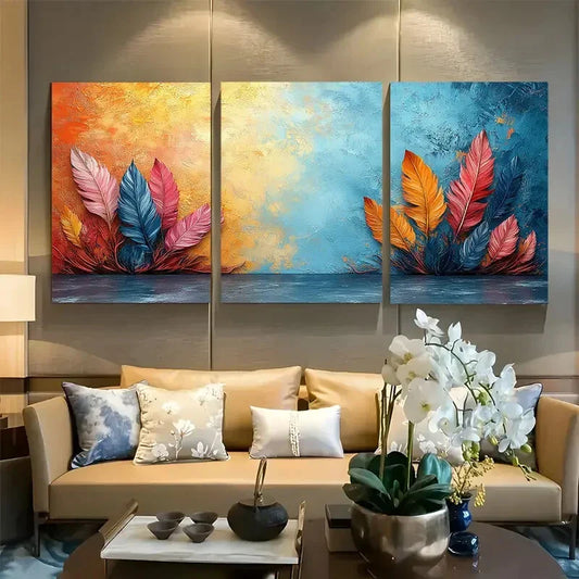 3pcs Vibrant Rustic Bohemian Feather Metal Print Ready to Hang Art